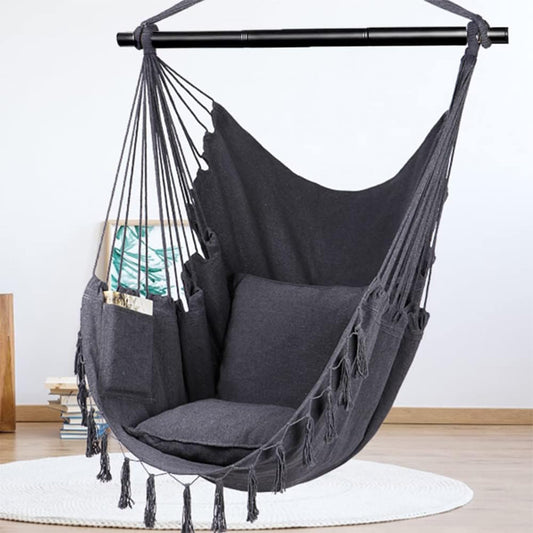 Klhamky Hammock Chair Swing with Hanging Hardware Kit- Beige, Cotton Canvas, Include Two Seat Cushions, for Bedroom Indoor Outdoor, Max. Weight 330 Lbs (Dark Grey)