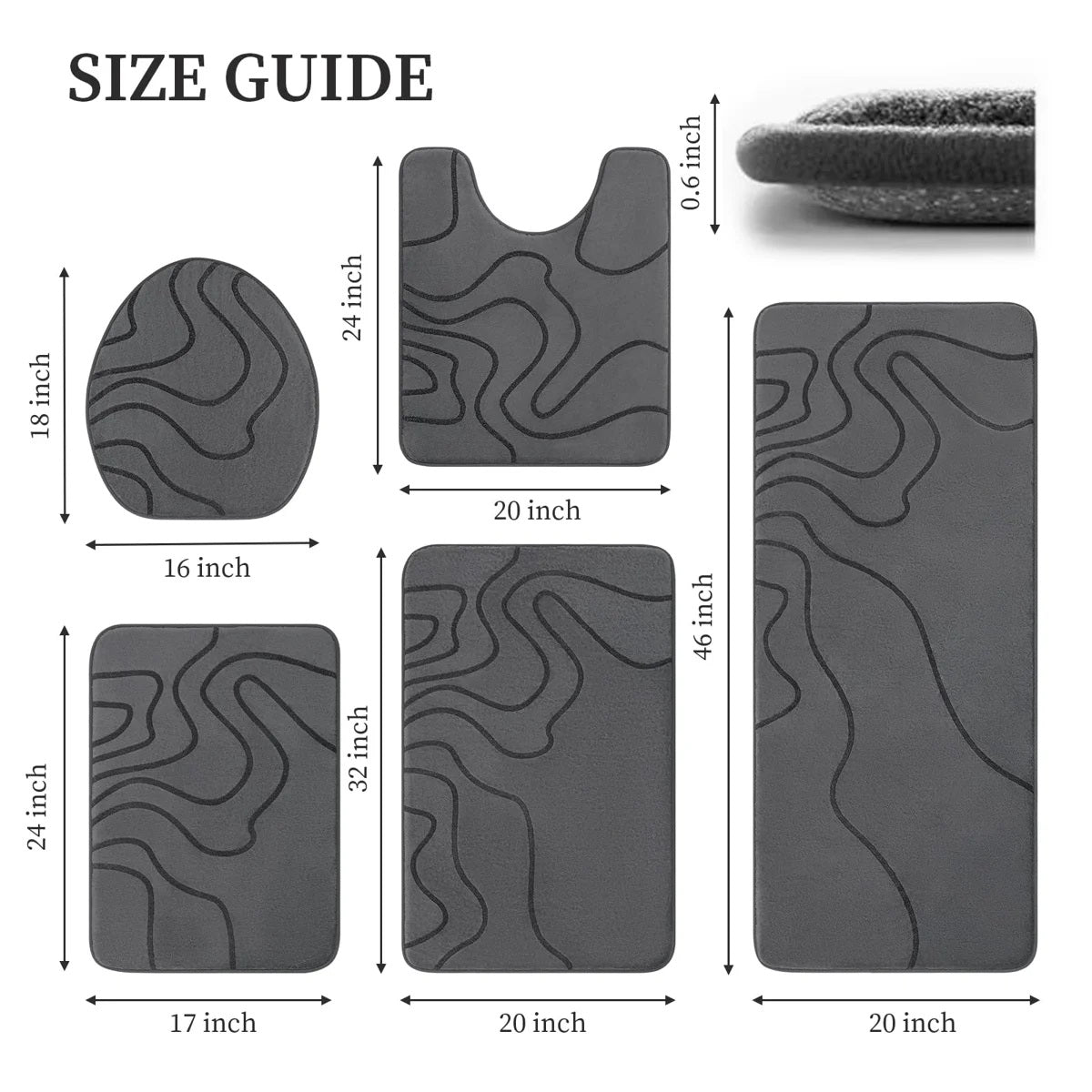 Memory Foam Bathroom Rugs Sets, Extra Thick Ultra Soft Absorbent Bath Mat Set, Non-Slip Machine Washable Bath Rugs For Bathroom, Tub & Shower, Home Decor Accessories, 5 Piece, (Dark Grey)