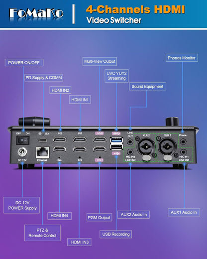 FoMaKo Video Mixer Switcher 5.5 Inch FHD LCD Screen 4-Channel HDMI Live Streaming Switcher 1080p 60FPS USB Recording USB3.0 Output PTZ Controller HDMI Video Switcher (KC601 Pro Black)