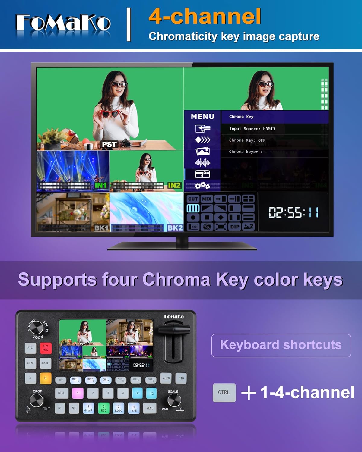 FoMaKo Video Mixer Switcher 5.5 Inch FHD LCD Screen 4-Channel HDMI Live Streaming Switcher 1080p 60FPS USB Recording USB3.0 Output PTZ Controller HDMI Video Switcher (KC601 Pro Black)