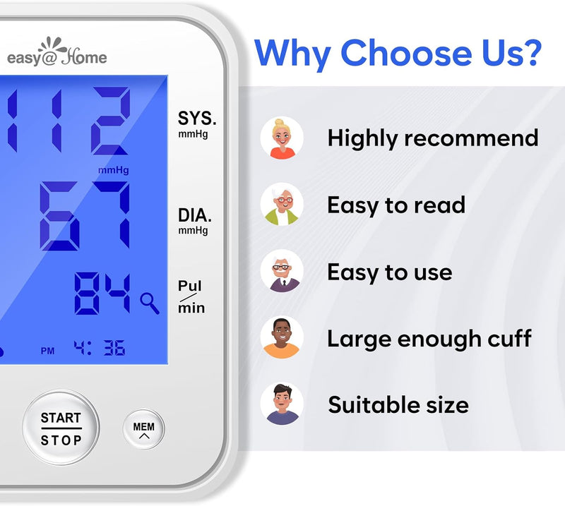 Blood Pressure Monitor for Home Use: Easy@Home Upper Arm Large Cuff BP Machine - Automatic Tensiometer with 3-Color Backlit Hypertension Display and Pulse Meter Irregular Heartbeat Indicator 2 Users EBP-095
