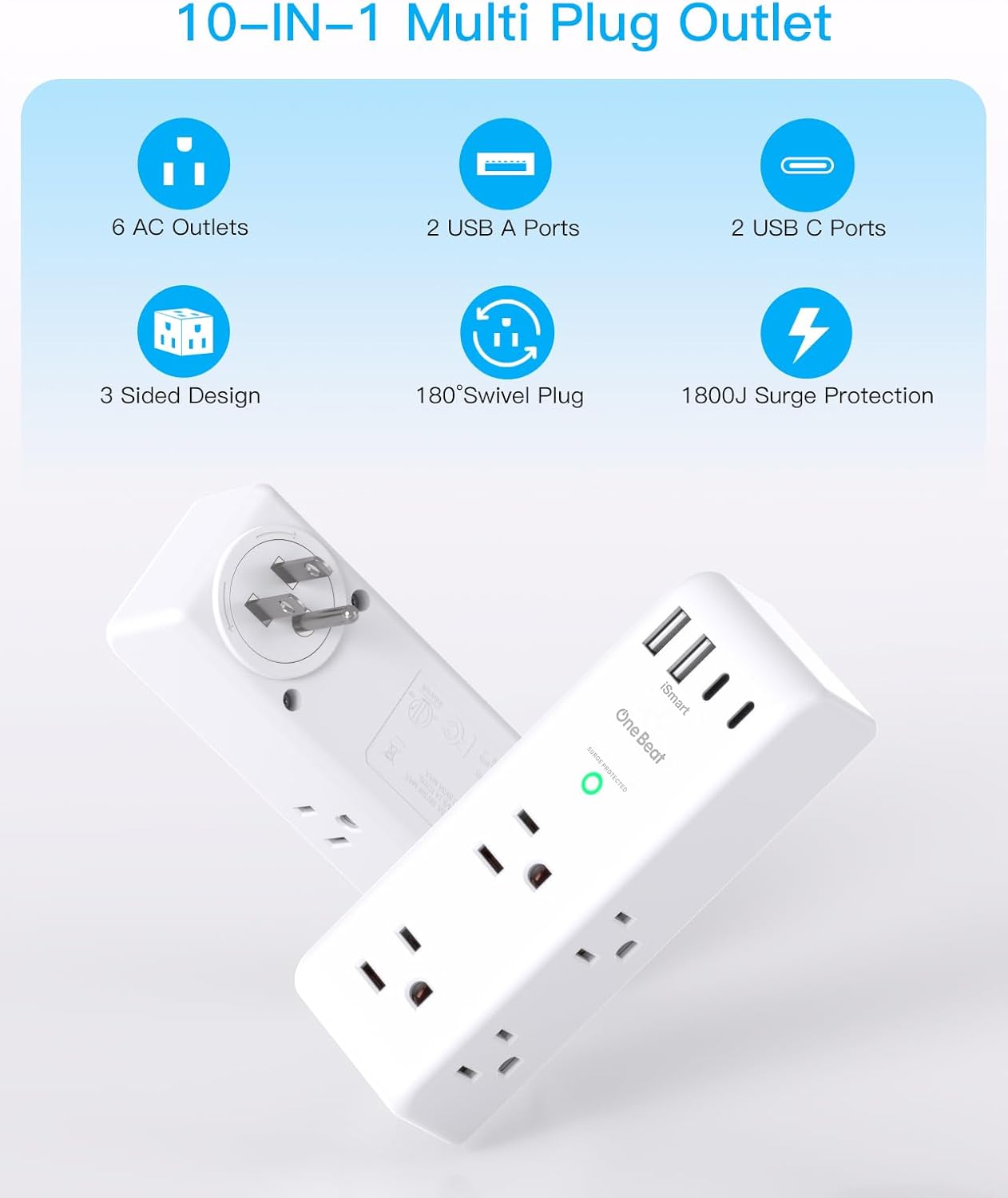 Surge Protector Outlet Extender with Rotating Plug, 6 AC Multi Outlet Adapter with 4 USB Ports Including USB-C, 1800 Joules 3-Sided Swivel Power Splitter for Home Office and Travel - PuriLite