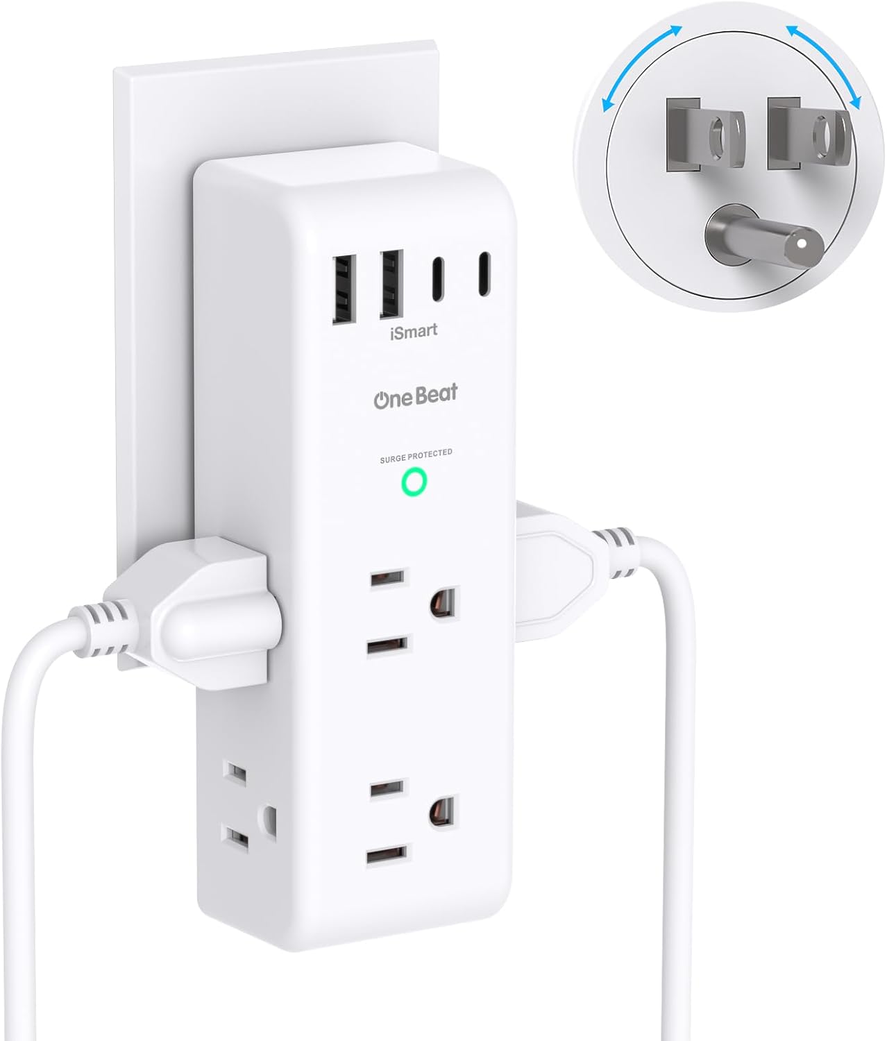 Surge Protector Outlet Extender with Rotating Plug, 6 AC Multi Outlet Adapter with 4 USB Ports Including USB-C, 1800 Joules 3-Sided Swivel Power Splitter for Home Office and Travel - PuriLite