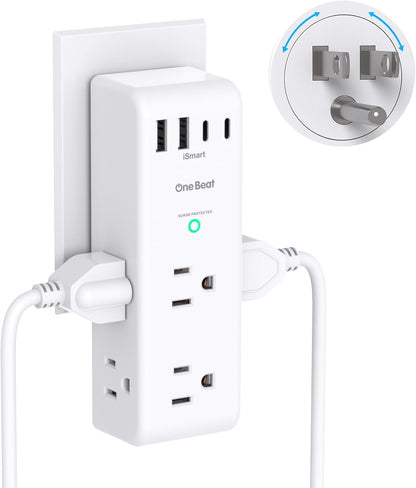 Surge Protector Outlet Extender with Rotating Plug, 6 AC Multi Outlet Adapter with 4 USB Ports Including USB-C, 1800 Joules 3-Sided Swivel Power Splitter for Home Office and Travel - PuriLite