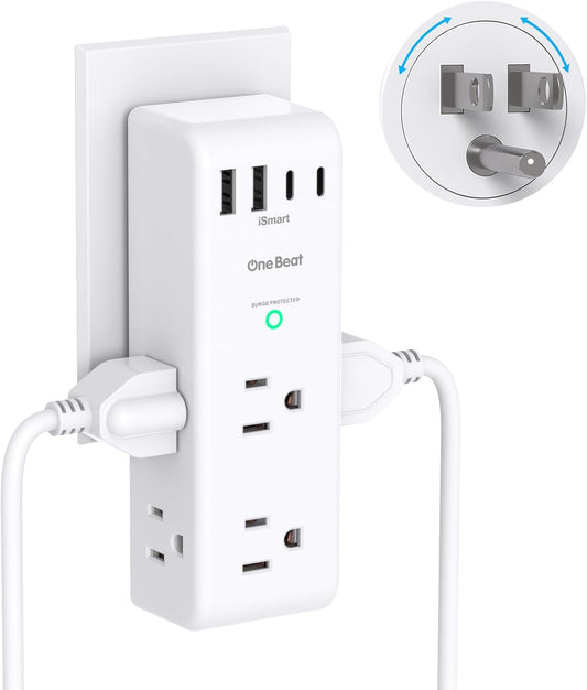 Surge Protector Outlet Extender with Rotating Plug, 6 AC Multi Outlet Adapter with 4 USB Ports Including USB-C, 1800 Joules 3-Sided Swivel Power Splitter for Home Office and Travel - PuriLite
