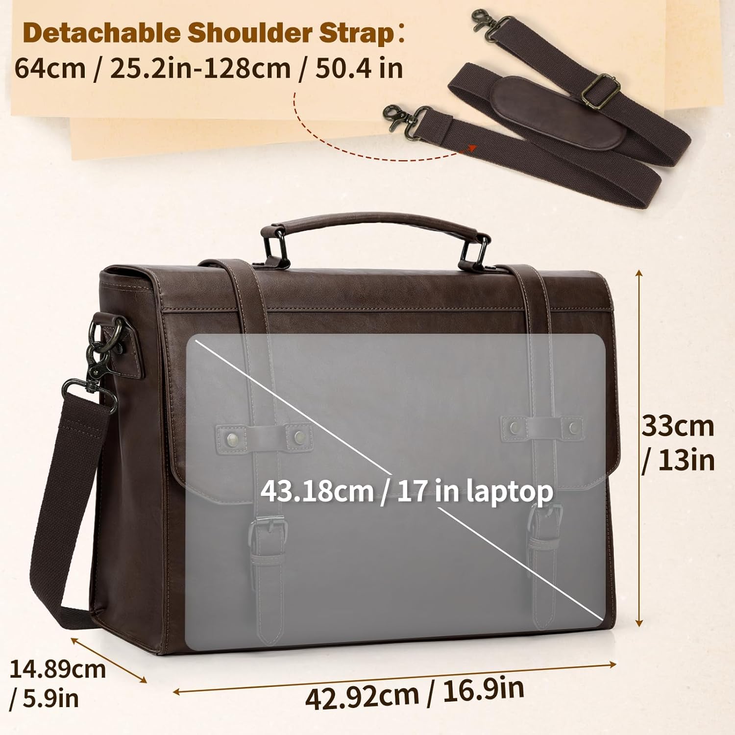 Messenger Bag for Men – 17 Inch Laptop Bag Vintage PU Leather Waterproof Computer Briefcase, Retro Shoulder Satchel - PuriLite