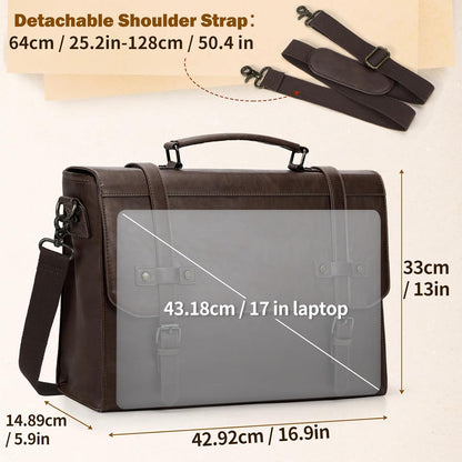 Messenger Bag for Men – 17 Inch Laptop Bag Vintage PU Leather Waterproof Computer Briefcase, Retro Shoulder Satchel - PuriLite