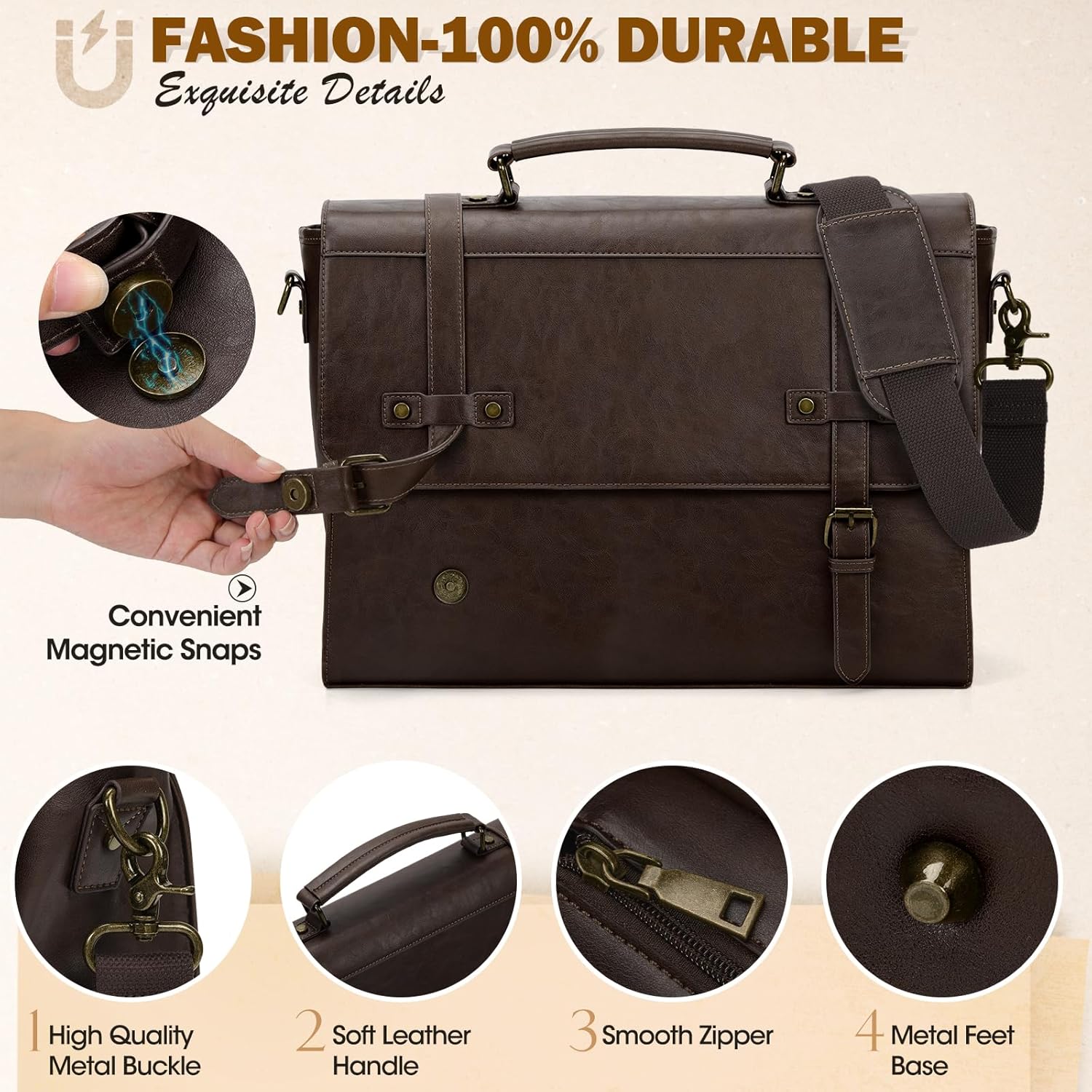 Messenger Bag for Men – 17 Inch Laptop Bag Vintage PU Leather Waterproof Computer Briefcase, Retro Shoulder Satchel - PuriLite