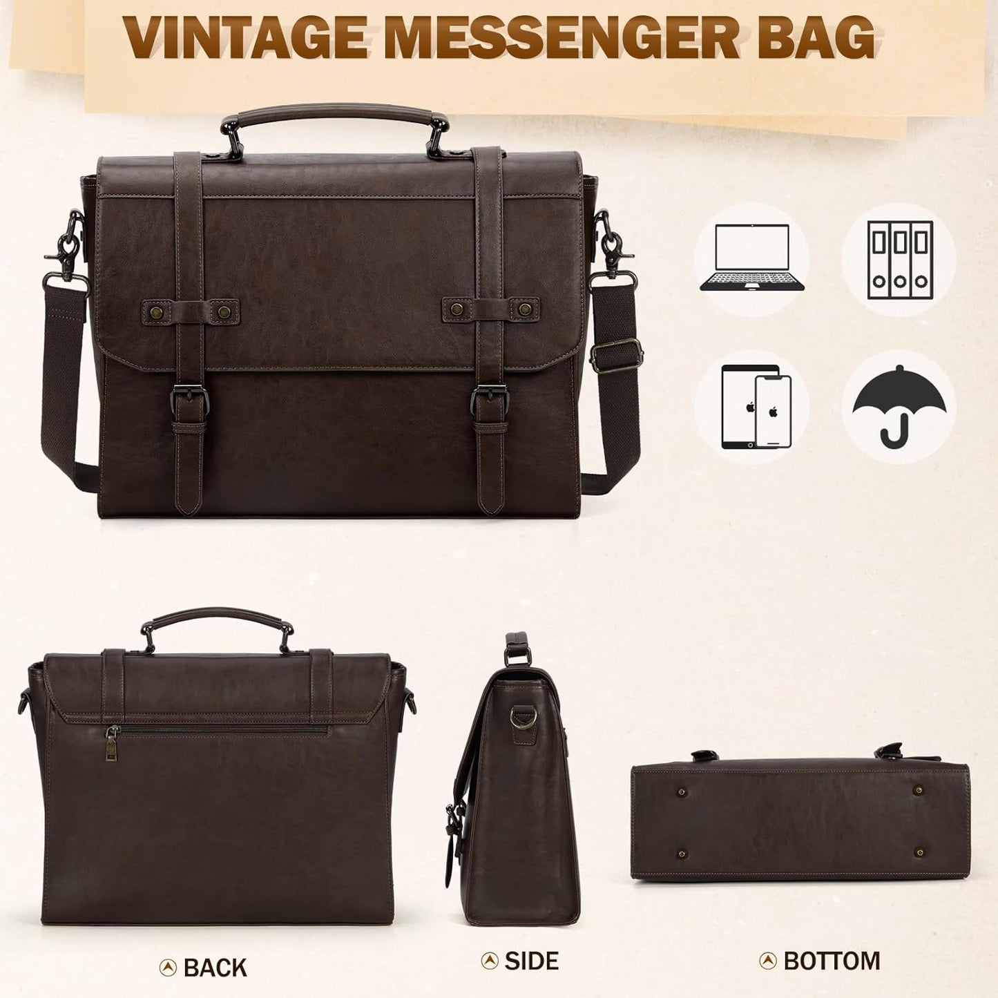 Messenger Bag for Men – 17 Inch Laptop Bag Vintage PU Leather Waterproof Computer Briefcase, Retro Shoulder Satchel - PuriLite
