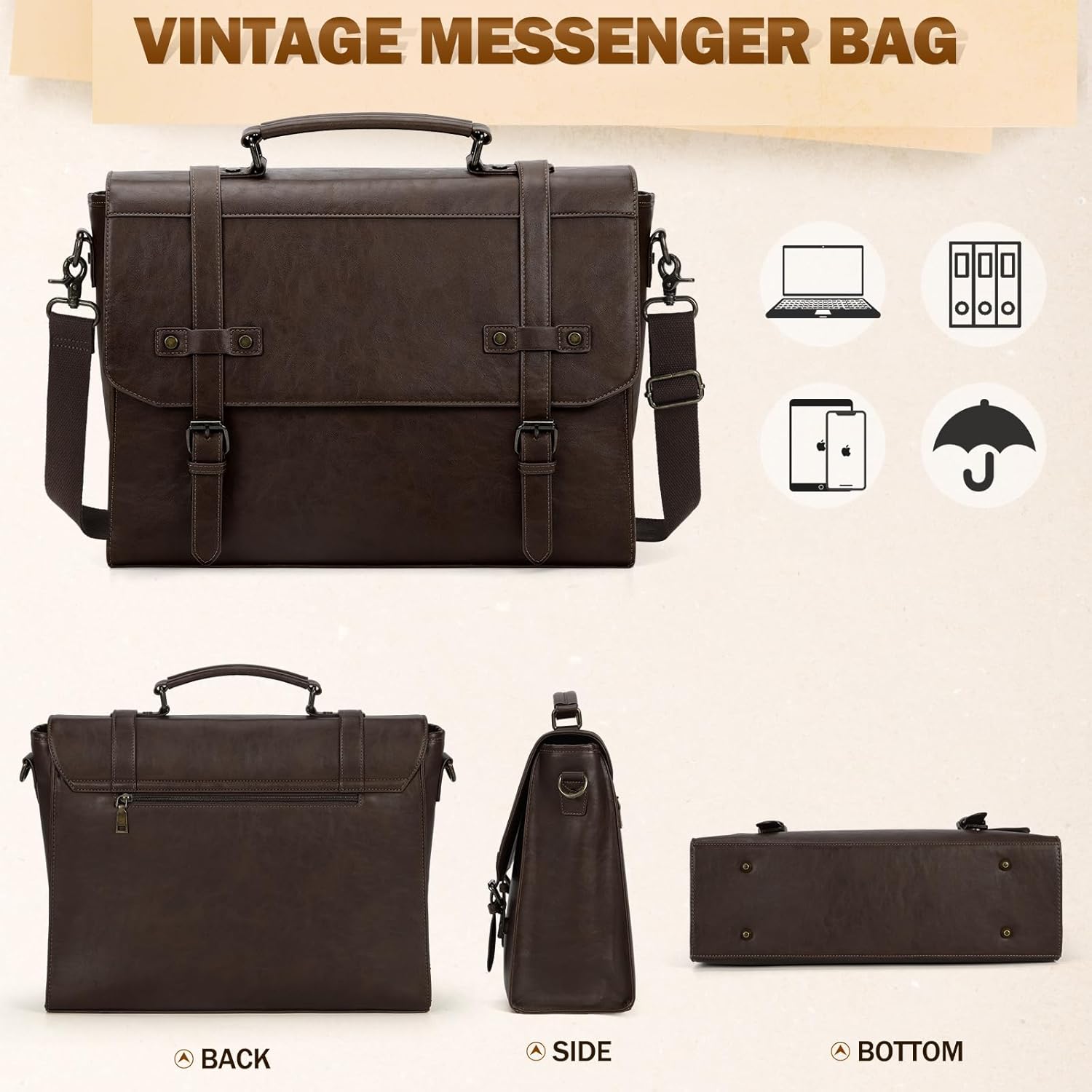 Messenger Bag for Men – 17 Inch Laptop Bag Vintage PU Leather Waterproof Computer Briefcase, Retro Shoulder Satchel - PuriLite
