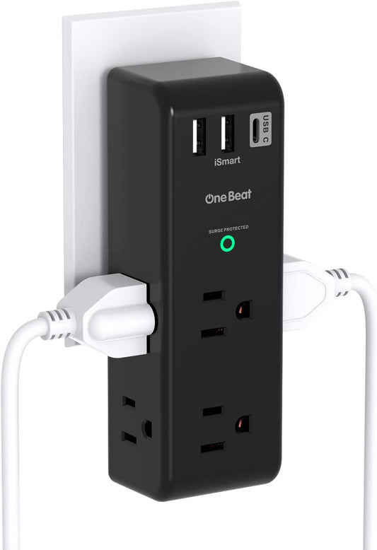 Surge Protector Outlet Extender with Rotating Plug, 6 AC Multi Outlet Adapter with USB-C, 1800 Joules 3-Sided Swivel Power Strip for Dorm, Office, and Home - PuriLite