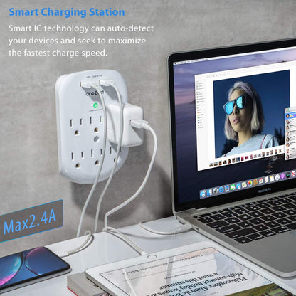 2 Pack Wall Surge Protector Outlet Extender with USB Charging, 6 Outlet Multi Plug Adapter with 2 USB Ports, 490 Joules Wall Mount Power Splitter for Home School and Office - PuriLite