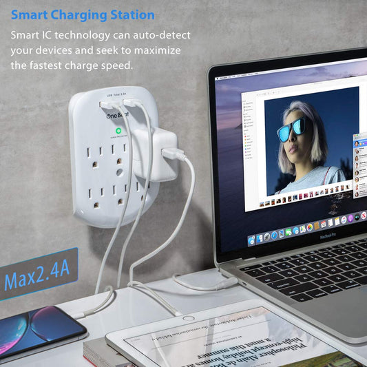 2 Pack Wall Surge Protector Outlet Extender with USB Charging, 6 Outlet Multi Plug Adapter with 2 USB Ports, 490 Joules Wall Mount Power Splitter for Home School and Office - PuriLite