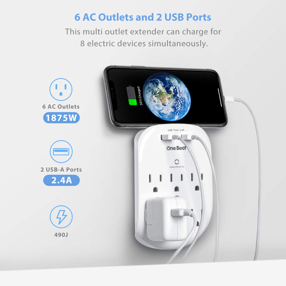 2 Pack Wall Surge Protector Outlet Extender with USB Charging, 6 Outlet Multi Plug Adapter with 2 USB Ports, 490 Joules Wall Mount Power Splitter for Home School and Office - PuriLite