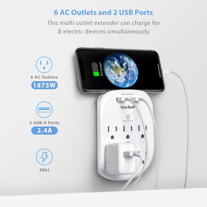 2 Pack Wall Surge Protector Outlet Extender with USB Charging, 6 Outlet Multi Plug Adapter with 2 USB Ports, 490 Joules Wall Mount Power Splitter for Home School and Office - PuriLite