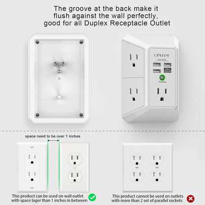 Wall Charger Surge Protector Outlet Extender with USB-C, 5 AC Outlets and 4 USB Ports, 1680 Joules 3-Sided Multi Plug Adapter for Home Office and Travel - PuriLite