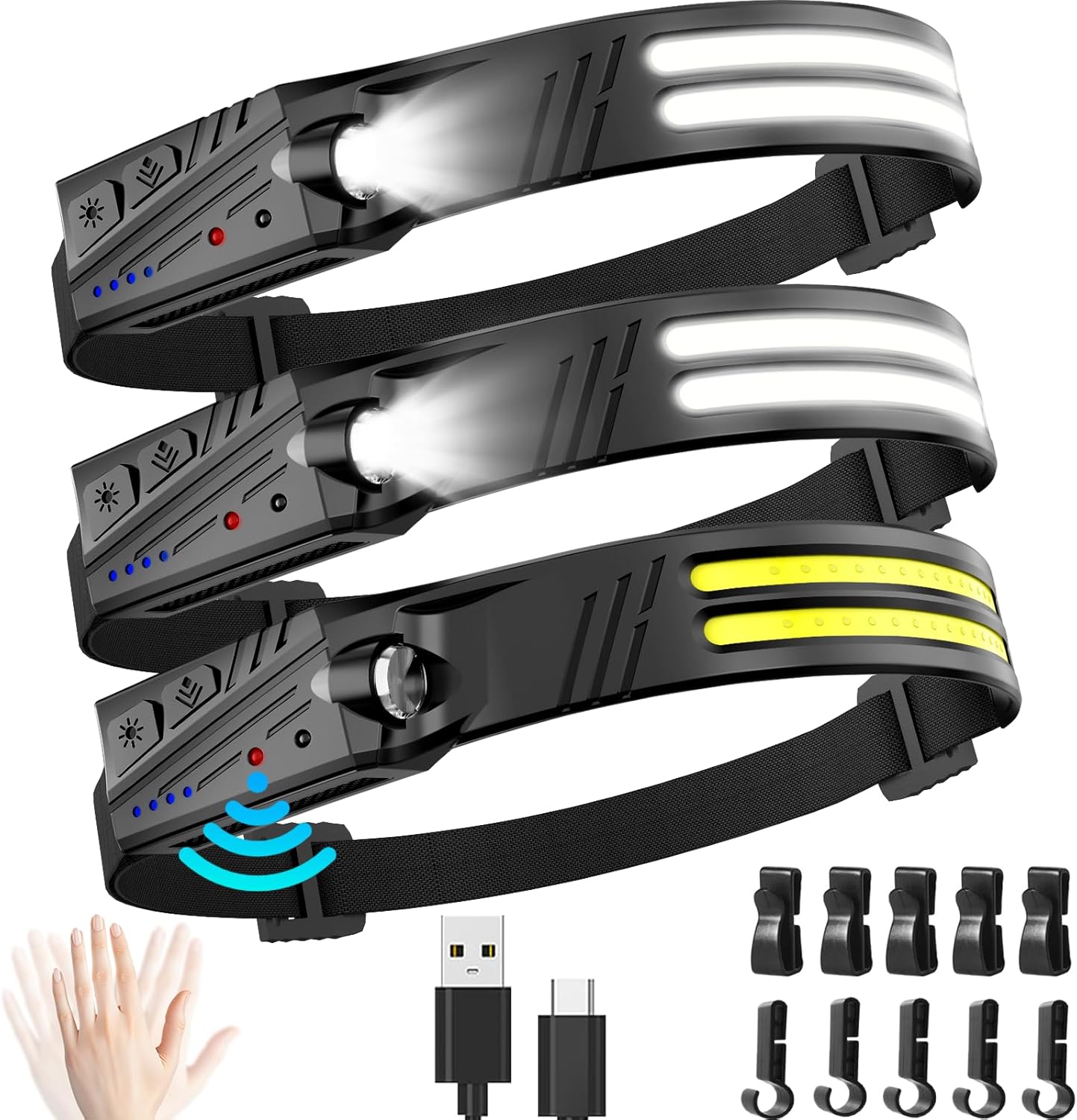 Rechargeable Headlamp 3-Pack – 2000 Lumen Super Bright LED Head Lamp with 230° Wide Beam, Motion Sensor, 5 Light Modes, IPX5 Waterproof Lightweight Headlight - PuriLite