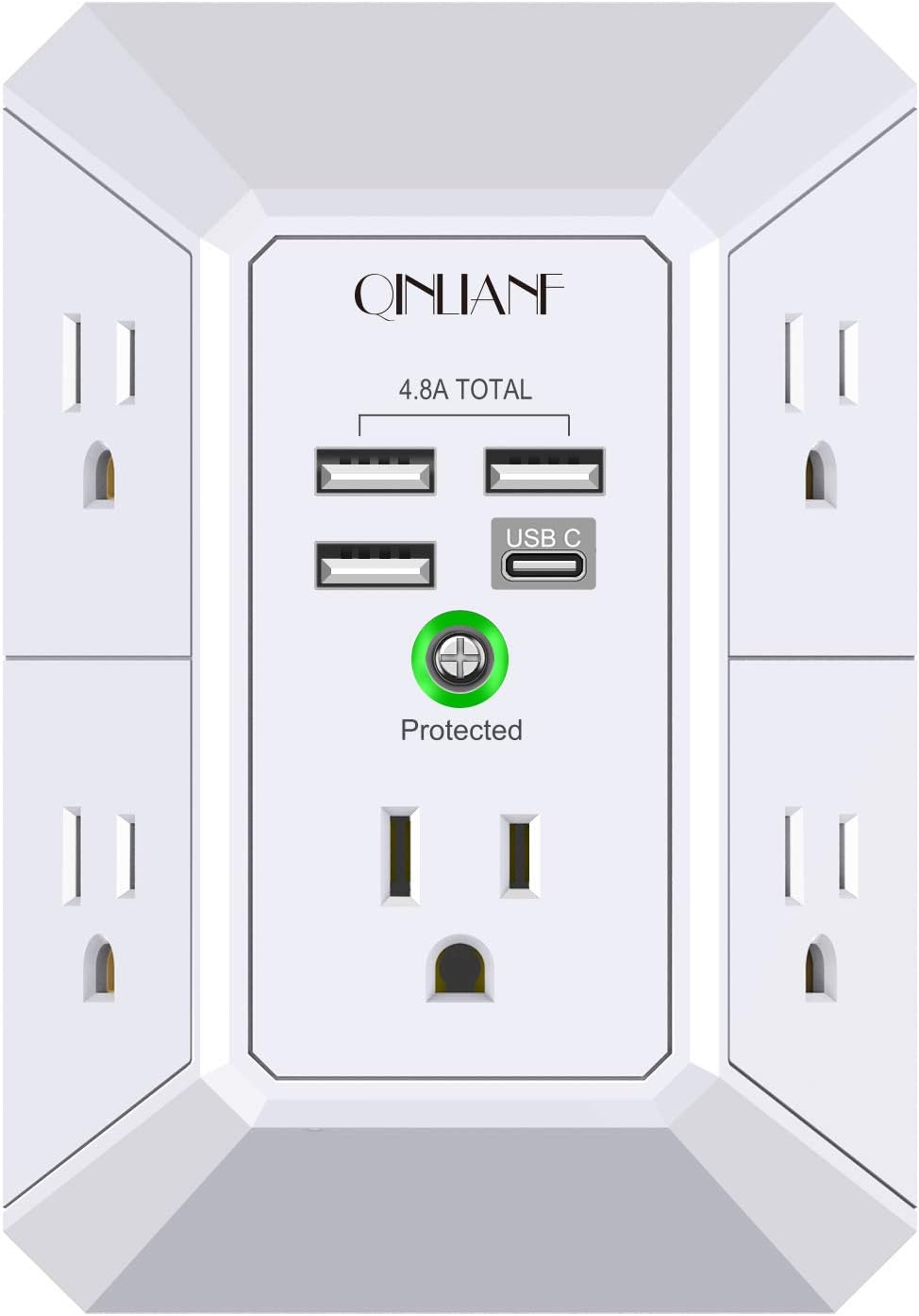 Wall Charger Surge Protector Outlet Extender with USB-C, 5 AC Outlets and 4 USB Ports, 1680 Joules 3-Sided Multi Plug Adapter for Home Office and Travel - PuriLite