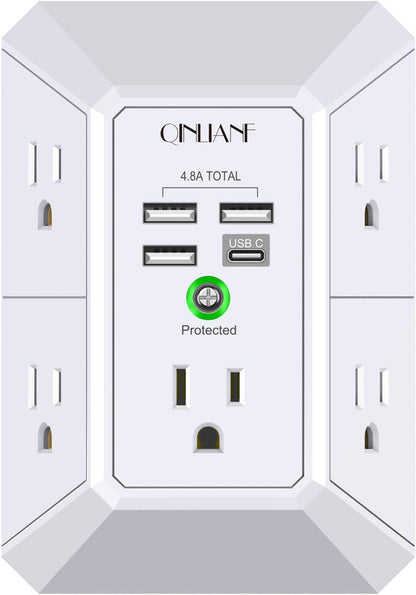 Wall Charger Surge Protector Outlet Extender with USB-C, 5 AC Outlets and 4 USB Ports, 1680 Joules 3-Sided Multi Plug Adapter for Home Office and Travel - PuriLite