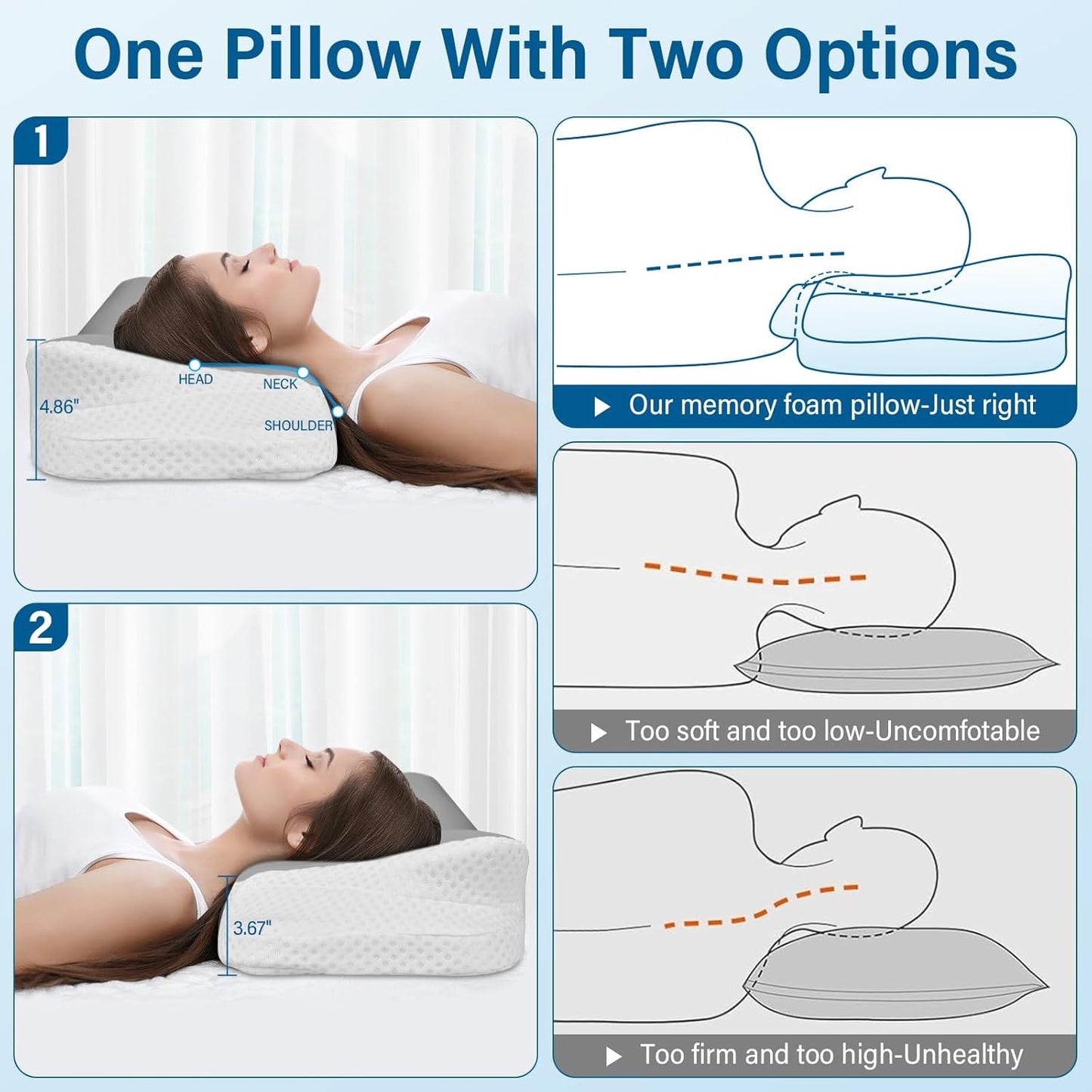 Ehomfory Memory Foam Pillow for Neck Pain Relief, Ergonomic Neck Pillow Cervical Pillow for Shoulder Pain, Cooling Bed Pillow for Side Back Stomach Sleepers - Gray