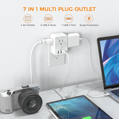 Multi Plug Outlet Extender with USB-C, 4 AC Outlet Wall Expander with 3 USB Ports, Surge Protector Power Adapter for Home Office and Dorm Room - PuriLite