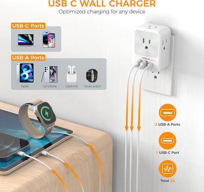 Multi Plug Outlet Extender with USB-C, 4 AC Outlet Wall Expander with 3 USB Ports, Surge Protector Power Adapter for Home Office and Dorm Room - PuriLite