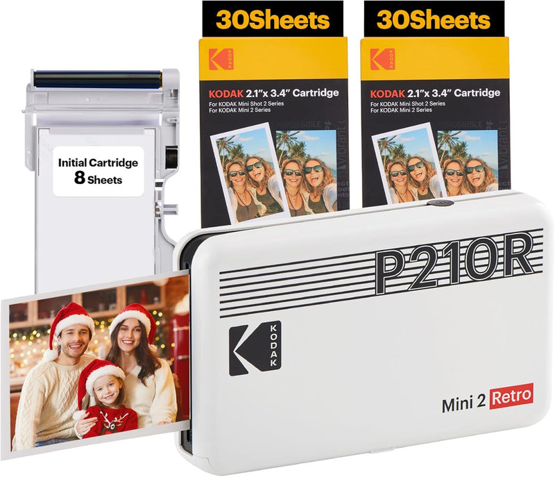 KODAK Mini 2 Retro 4PASS Portable Photo Printer (2.1x3.4 inches) + 68 Sheets Bundle (8 Initial Sheets + 60 Sheets Pack), White