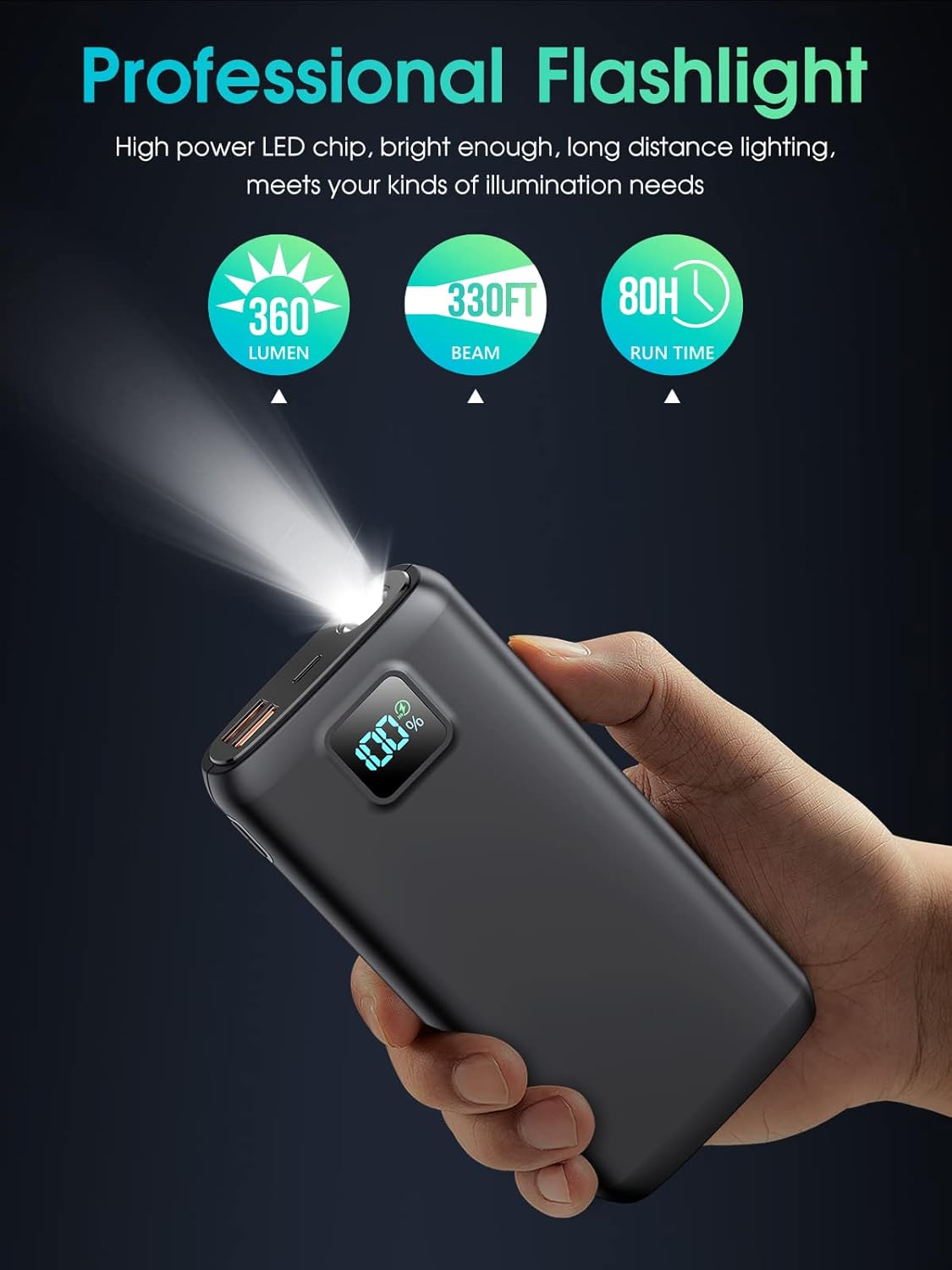 Portable-Charger-Power-Bank - 40000mAh Power Bank PD 30W and QC 4.0 Quick Charging Built-in Bright Flashlight LED Display 2 USB 1Type-C Output for Most Electronic Devices on The Market(Matte Black) - PuriLite