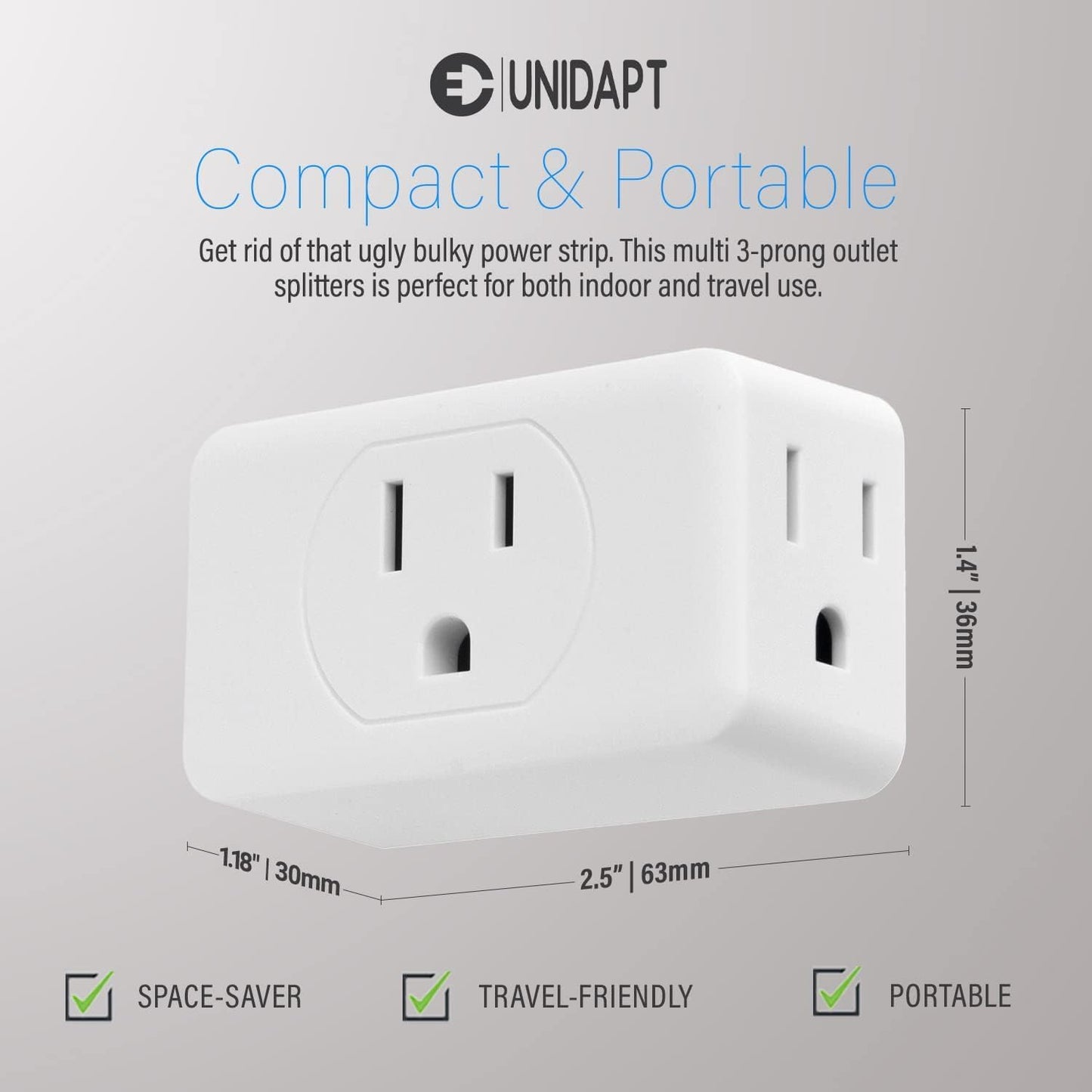 3 Outlet Multi Plug Wall Adapter 2 Pack, Grounded Outlet Splitter Plug Expander for Home Office Dorm and Travel Use - PuriLite