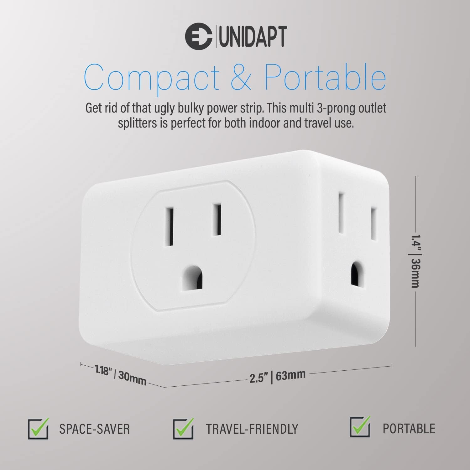 3 Outlet Multi Plug Wall Adapter 2 Pack, Grounded Outlet Splitter Plug Expander for Home Office Dorm and Travel Use - PuriLite