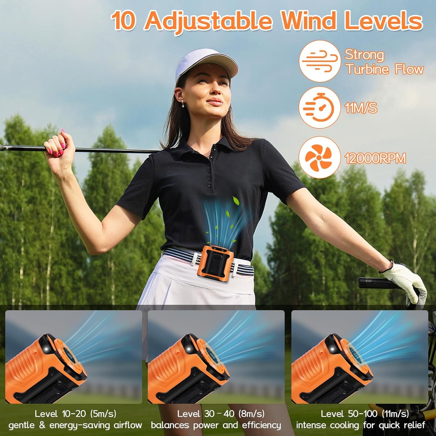 WIOR Portable Waist Fan, 12000RPM Rechargeable Wearable Personal Hanging Neck Cooling Fan Clip on Under Shirt Belt Hands-Free with 10 Speeds & Flashlight for Camping Travel Outdoor Working Jobsite