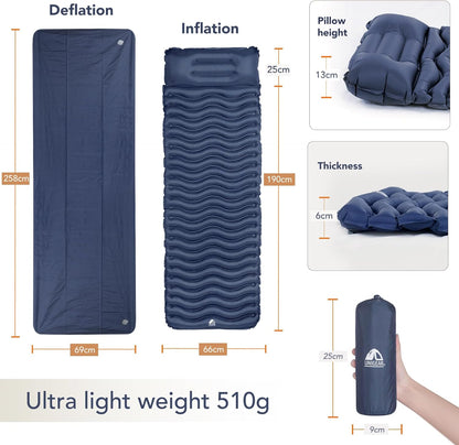Unigear Ultralight Inflatable Sleeping Pad, Compact Air Camping Mat for Backpacking, Hiking and Traveling (Navy Blue Pad with Pillow)
