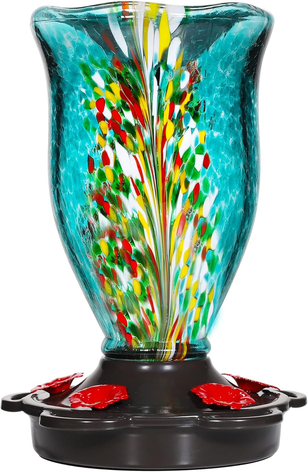 LUJII Bloom Shaped Hummingbird Feeders for Outdoors, Hand Blown Glass Hummingbird Feeder for Outside with S Hook, 25 fl.oz, 5 Feeding Perches, Leak Proof, Multiple Functions Vase or Garden Decor, Teal