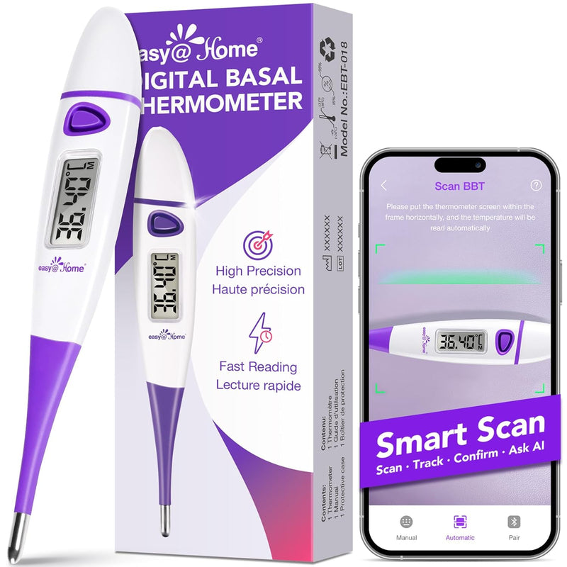 Easy@Home Digital Basal Body Thermometer: Accurate Oral Temperature BBT Thermometer with Premom Fertility Tracker App - 1/100th Degree High Precision | EBT-018 Purple