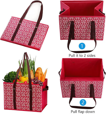 WUWEOT 4 Pack Reusable Grocery Bags, Large Shopping Box Tote, Foldable Washable Storage Bins with Reinforced Bottom Heavy Duty Handles for Fruit Vegetable Clothes Toys and Picnic