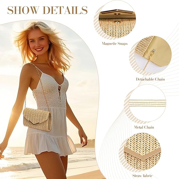 Larcenciel Straw Purse for Women, Summer Woven Beach Purse Trendy with Chain Strap, Boho Envelope Evening Clutch Handbag, Brown Crossbody Shoulder Party Bag for Wedding, Prom, Cocktail Night, Vacation