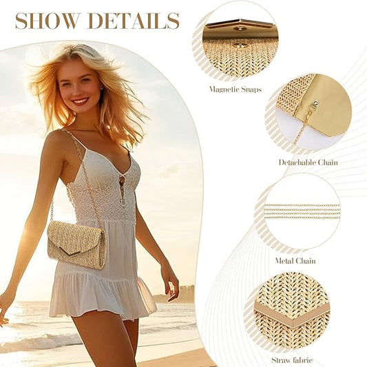 Larcenciel Straw Purse for Women, Summer Woven Beach Purse Trendy with Chain Strap, Boho Envelope Evening Clutch Handbag, Brown Crossbody Shoulder Party Bag for Wedding, Prom, Cocktail Night, Vacation