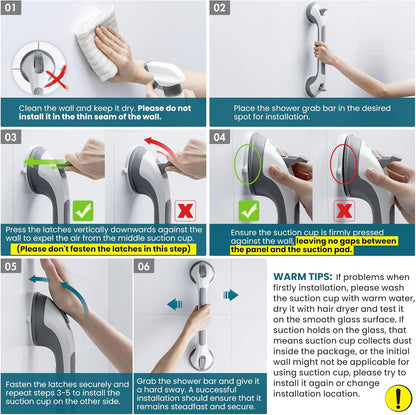 TAILI Shower Suction Cup Grab Bar Bathtubs Handrails for Seniors Elderly, No Drilling Waterproof, Grey, 2 Pack, 16 Inch