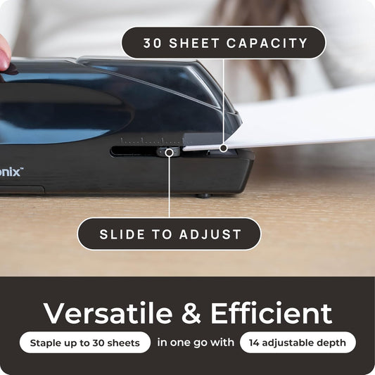 EcoElectronix Portable Automatic Electric Stapler - 30 Sheet Capacity, Quiet Operation, Jam-Free and Easy Reload - AC Adapter/Battery Powered, (Black)