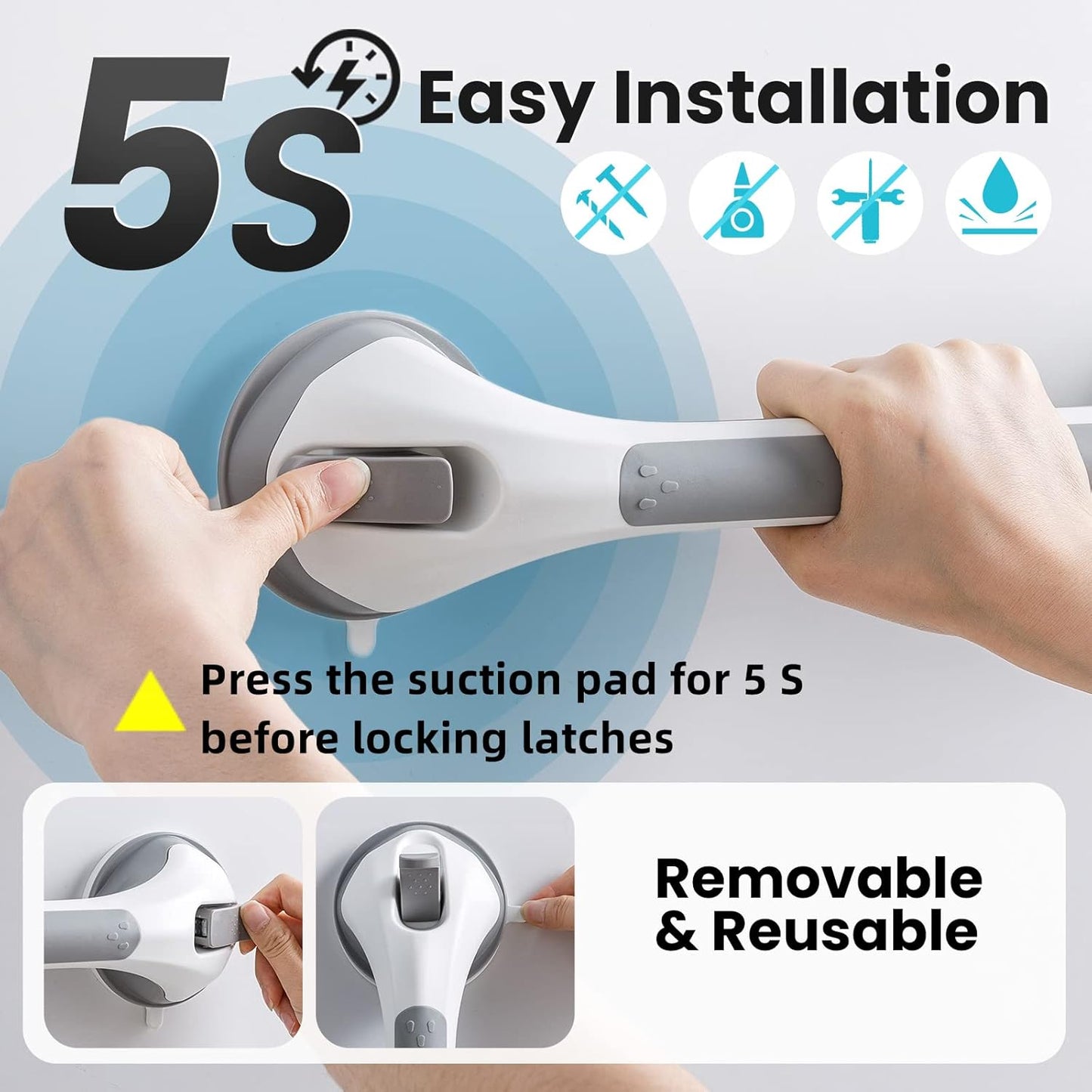 TAILI Shower Suction Cup Grab Bar Bathtubs Handrails for Seniors Elderly, No Drilling Waterproof, Grey, 2 Pack, 16 Inch