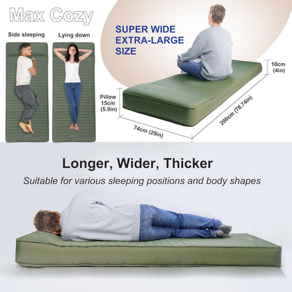 Self Inflating Sleeping Pad, 4" Ultra-Thick Camping Mattress with Built-in Pump, Foam Campinging Mat for Tent, Traveling and Car, Easy to Inflate and Deflate (Green)