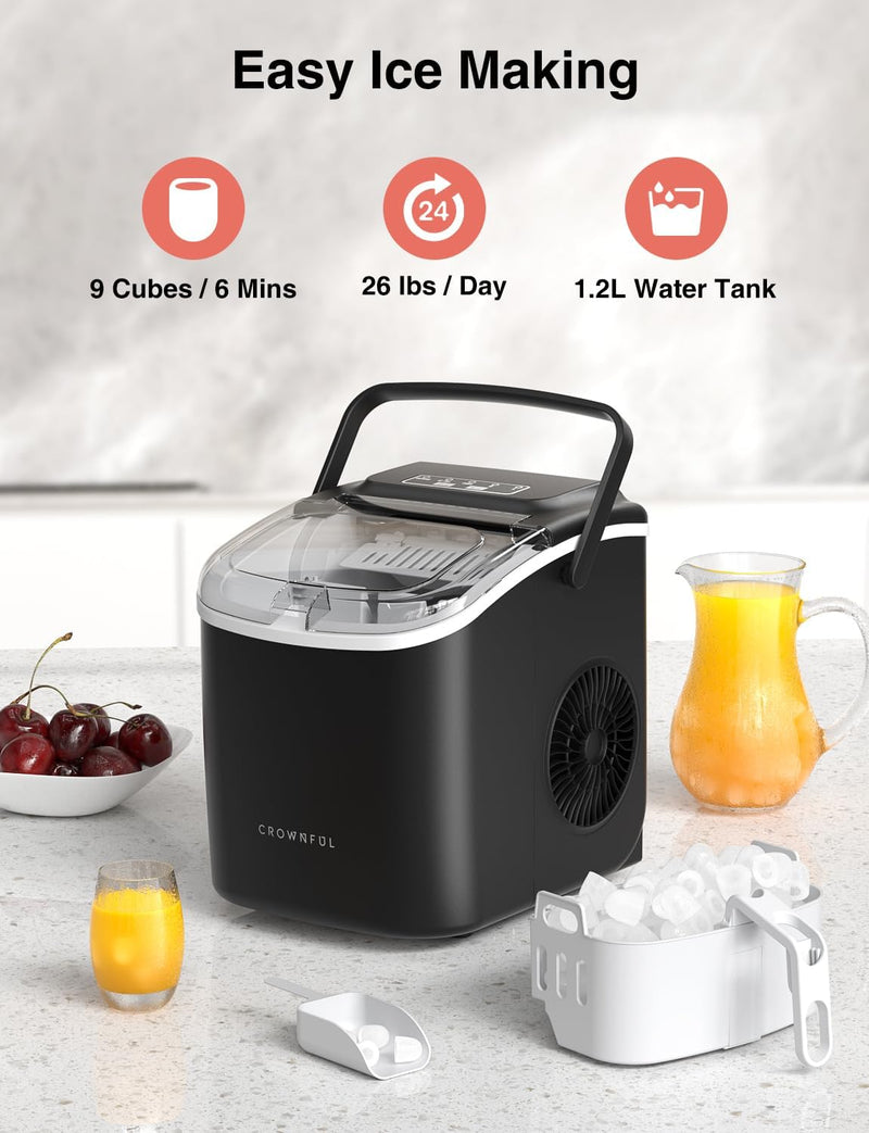 CROWNFUL Ice Maker Countertop with Handle, Self-Cleaning Ice Maker with Scoop and Basket,26lbs/24H,9 Cubes in 6 Mins,Portable Small Ice Machine with Scoop and Basket for Home Kitchen Office Bar Party