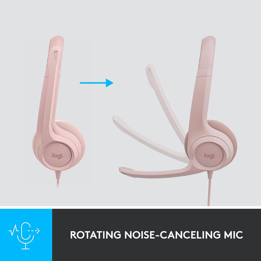 Logitech H390 Wired Headset for PC/Laptop, Stereo Headphones with Noise Cancelling Microphone, USB-A, in-Line Controls for Video Meetings, Music, Gaming and Beyond - Rose, 1 Pack - PuriLite