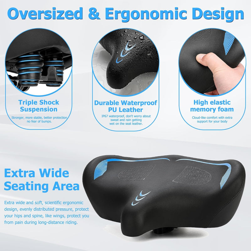 Oversized Bike Seat for Men Women Comfort, Extra Wide Soft Bicycle Seat Cushion with Comfortable Wing Padded, Large Bike Saddle for Peloton Bike, Stationary Bike, Exercise Bike, City Bike, Ebike