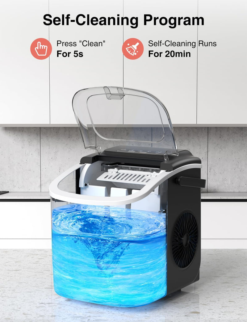 CROWNFUL Ice Maker Countertop with Handle, Self-Cleaning Ice Maker with Scoop and Basket,26lbs/24H,9 Cubes in 6 Mins,Portable Small Ice Machine with Scoop and Basket for Home Kitchen Office Bar Party