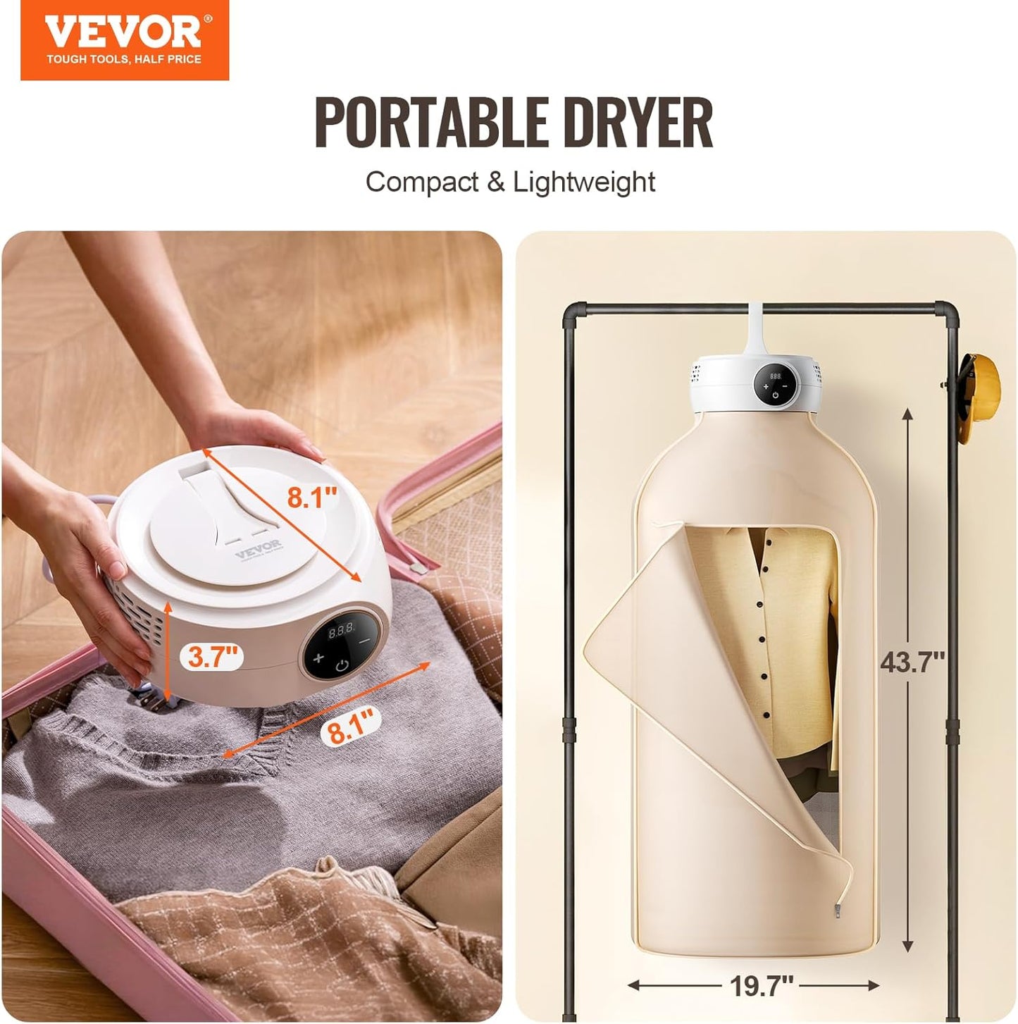 VEVOR Portable Clothes Dryer, Clothes Dryer with Dryer Bag, PTC Heating & LED Display, Foldable Mini Dryer with 5-H Timer for Apartments, Dorms, RVs, or Hotels, 600W, Beige