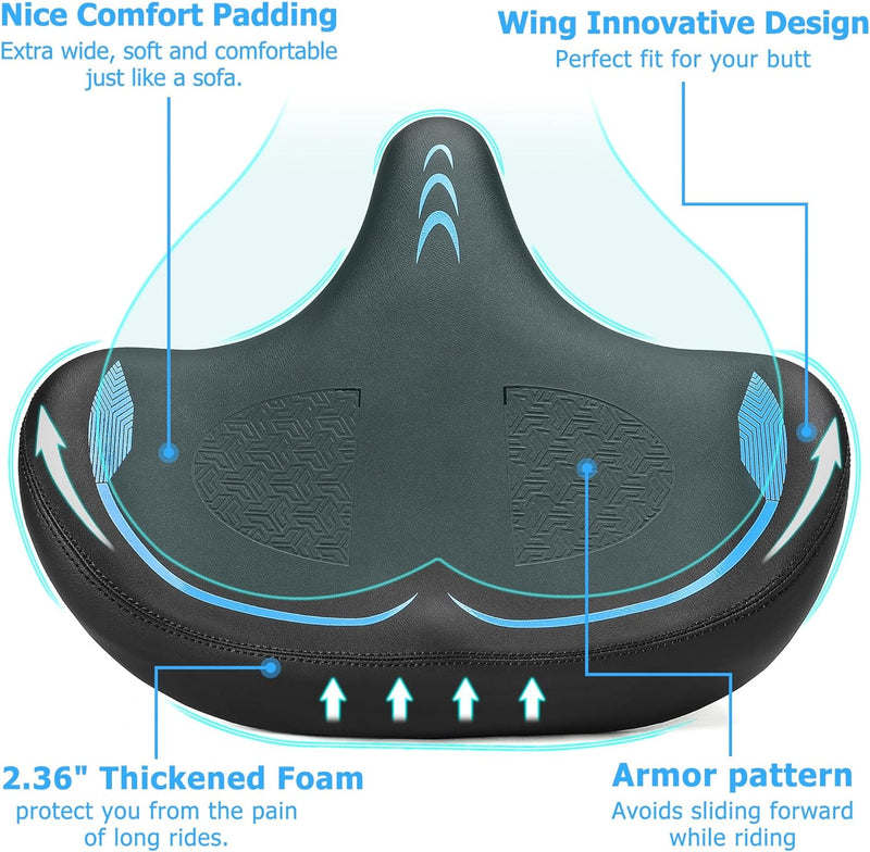 Oversized Bike Seat for Men Women Comfort, Extra Wide Soft Bicycle Seat Cushion with Comfortable Wing Padded, Large Bike Saddle for Peloton Bike, Stationary Bike, Exercise Bike, City Bike, Ebike