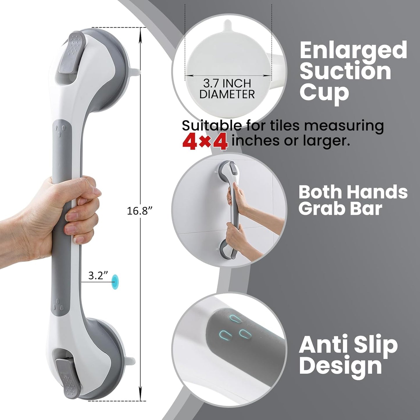 TAILI Shower Suction Cup Grab Bar Bathtubs Handrails for Seniors Elderly, No Drilling Waterproof, Grey, 2 Pack, 16 Inch