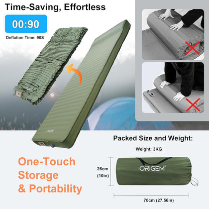 Self Inflating Sleeping Pad, 4" Ultra-Thick Camping Mattress with Built-in Pump, Foam Campinging Mat for Tent, Traveling and Car, Easy to Inflate and Deflate (Green)