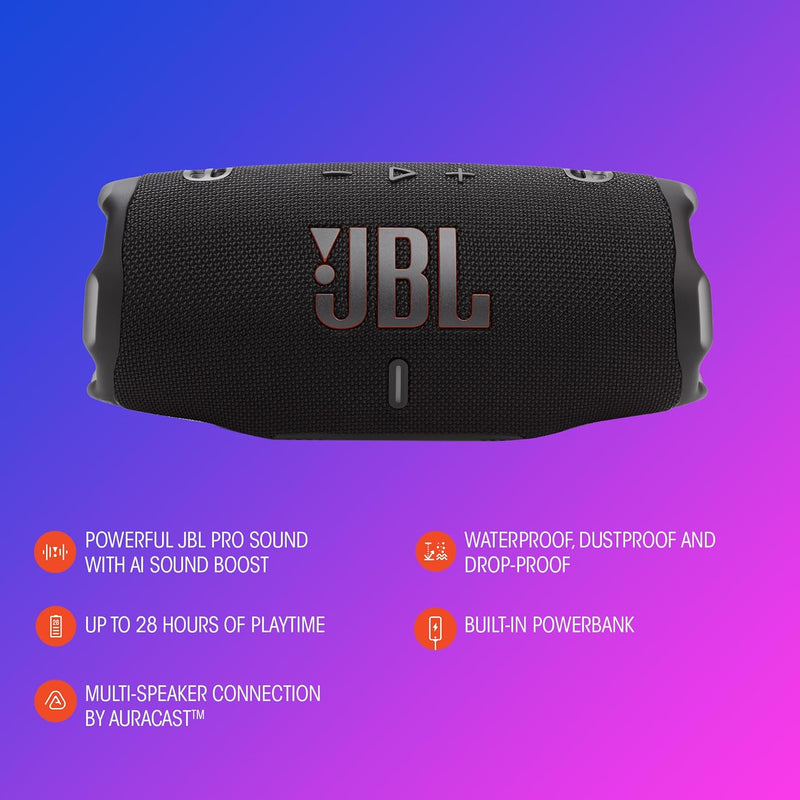 JBL Charge 6 - Portable Waterproof & Drop-Proof Bluetooth Speaker, Bold Pro Sound with AI Sound Boost, 28Hrs of Playtime, Built-in powerbank & Comes with a Sturdy/Removable Carrying Strap (Black)